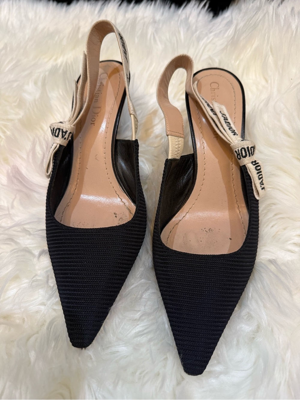 Dior Black Pointed-Toe Slingback Flats with Logo Ribbon